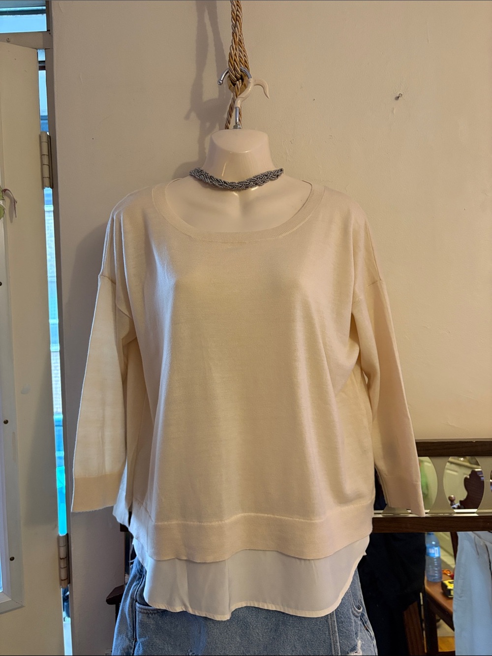 Club Monaco Ivory Layered Scoop-Neck Knit Sweater. Wool Silk